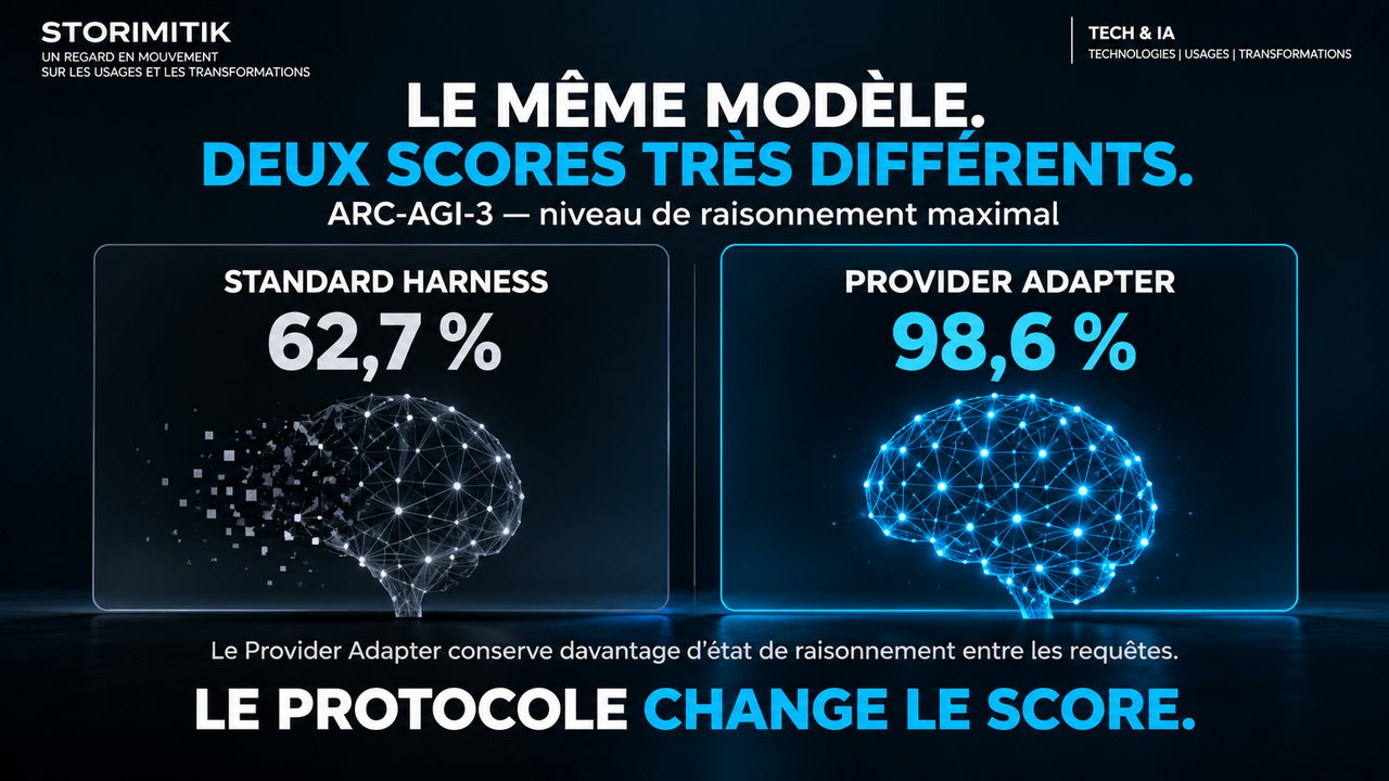 Infographie STORIMITIK comparant les scores de GPT-6 Astra sur ARC-AGI-3 selon deux protocoles d’évaluation.