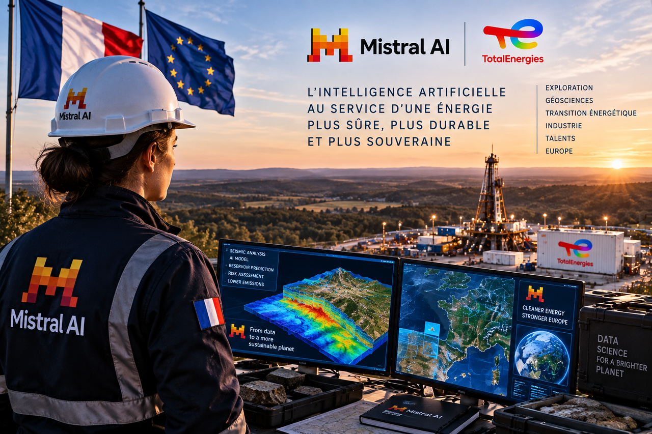 Illustration conceptuelle d’une spécialiste utilisant des modèles Mistral AI pour analyser des données géoscientifiques dans un contexte énergétique.