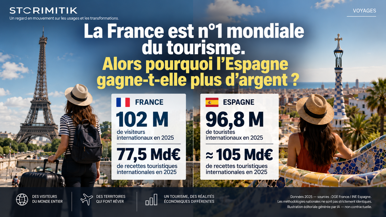 Comparaison éditoriale France-Espagne : visiteurs internationaux et recettes touristiques internationales en 2025.