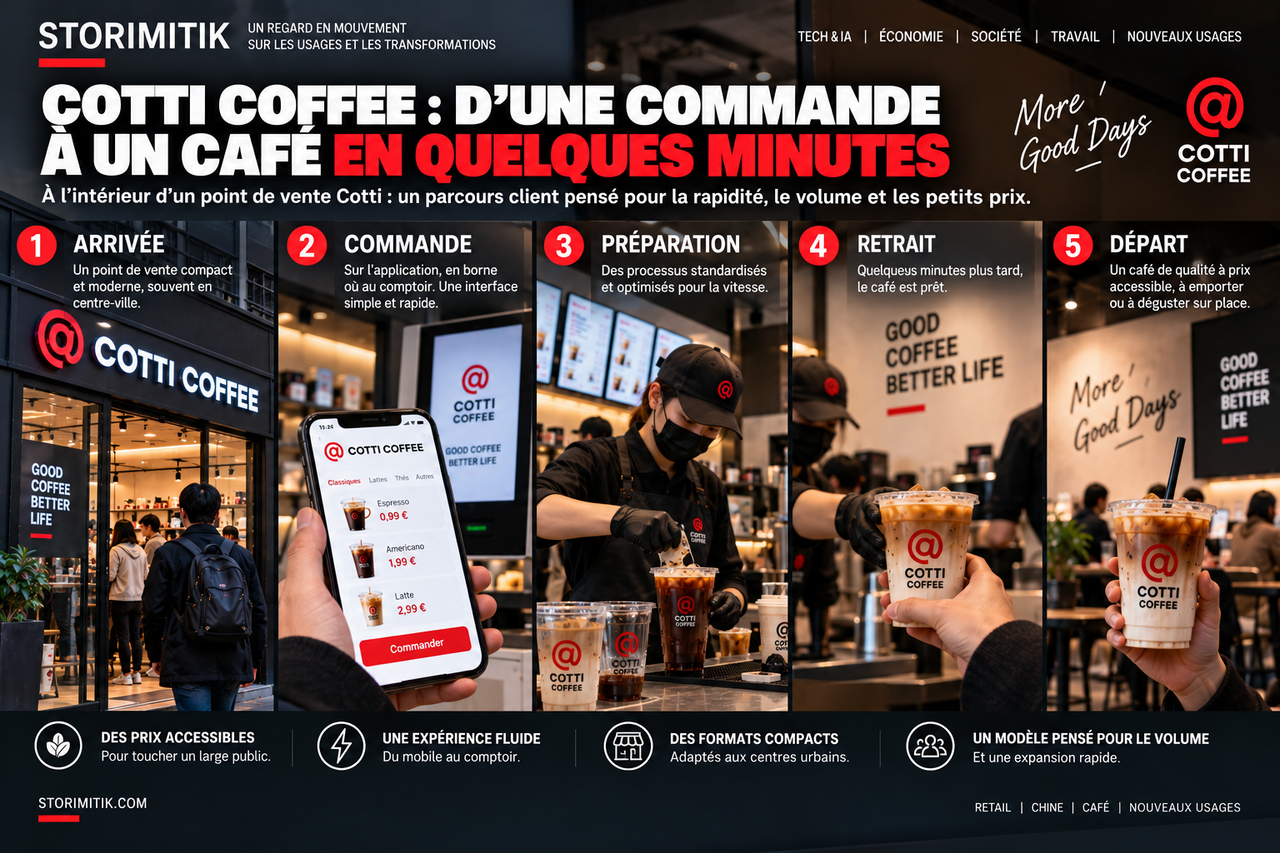 Illustration éditoriale STORIMITIK du parcours client Cotti Coffee : arrivée, commande, préparation, retrait et départ.