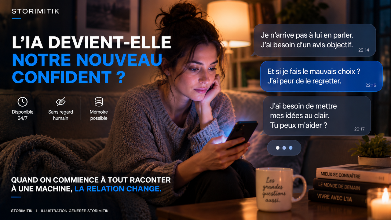 Illustration STORIMITIK montrant une conversation nocturne avec une IA, disponible immédiatement et sans regard social direct.