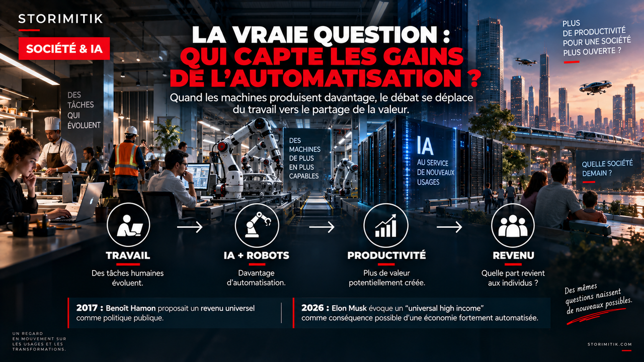 Illustration STORIMITIK représentant la chaîne travail, IA et robots, productivité puis revenu, avec la question du partage des gains de l’automatisation.