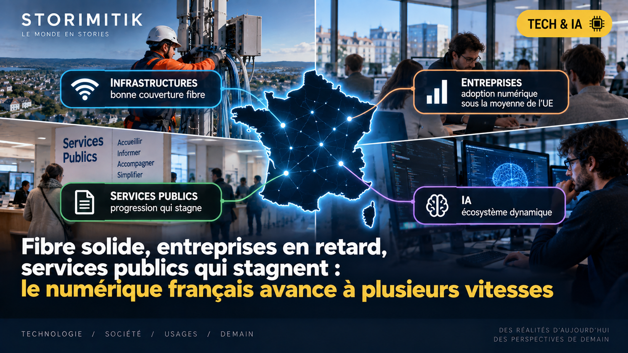 Infographie éditoriale STORIMITIK représentant les forces et faiblesses du numérique français autour d’une carte de France connectée : fibre, entreprises, services publics et intelligence artificielle.
