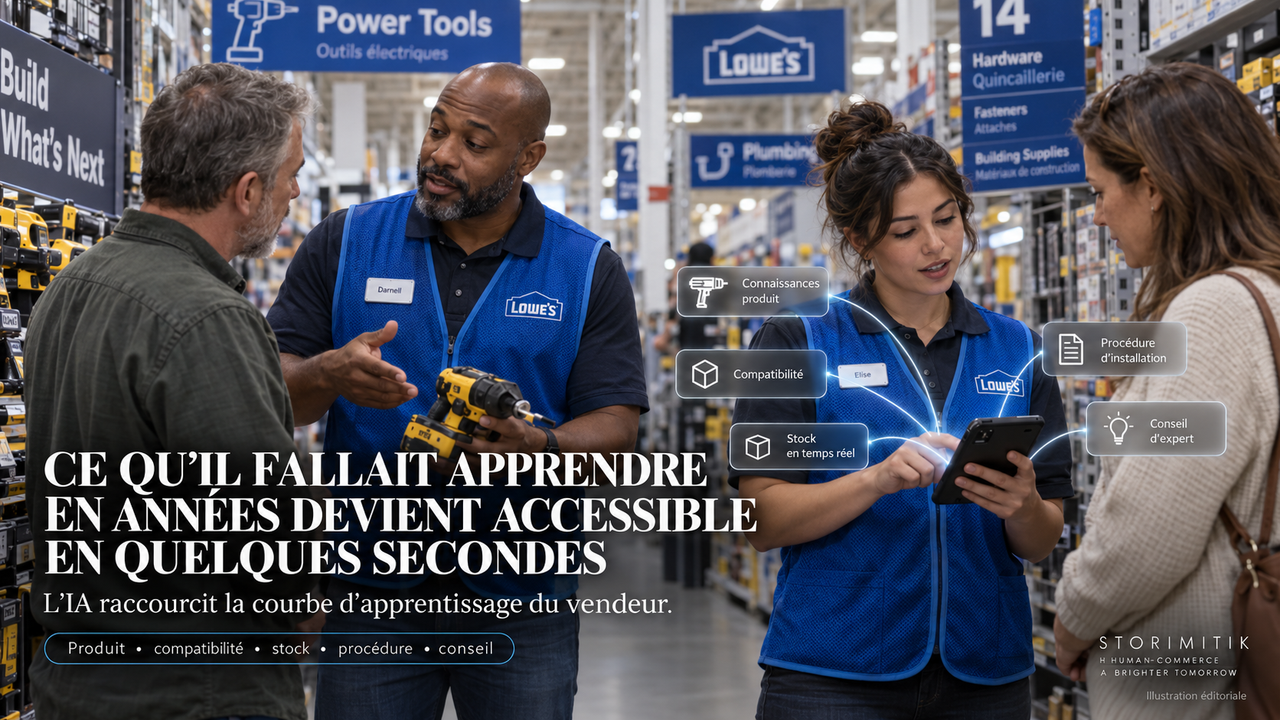 Illustration éditoriale STORIMITIK montrant un vendeur expérimenté et une vendeuse plus récente assistée par IA dans un magasin Lowe’s.
