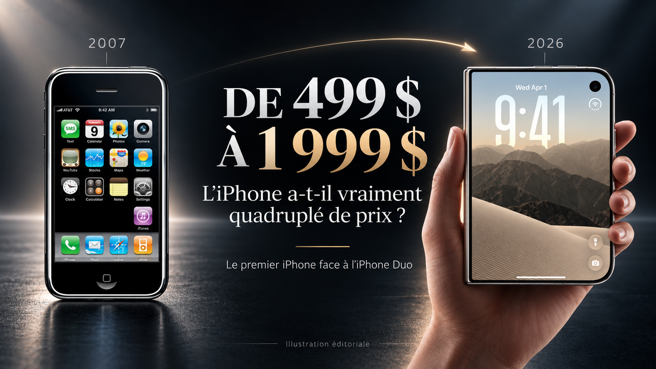 Illustration éditoriale STORIMITIK comparant le premier iPhone de 2007 à l’iPhone Duo de 2026, de 499 à 1 999 dollars.