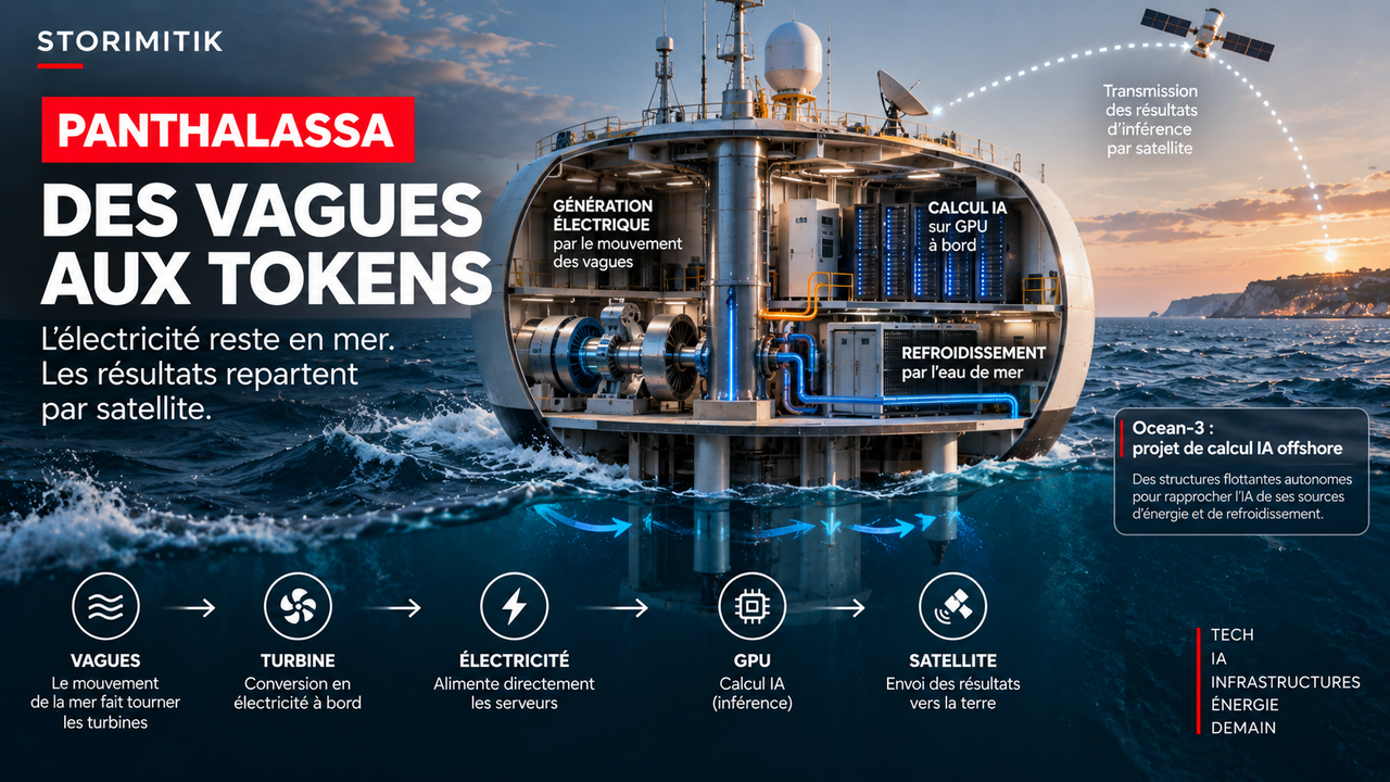 Illustration STORIMITIK expliquant la chaîne énergétique imaginée par Panthalassa : vagues, turbine, production électrique, calcul IA sur GPU et transmission des résultats par satellite.