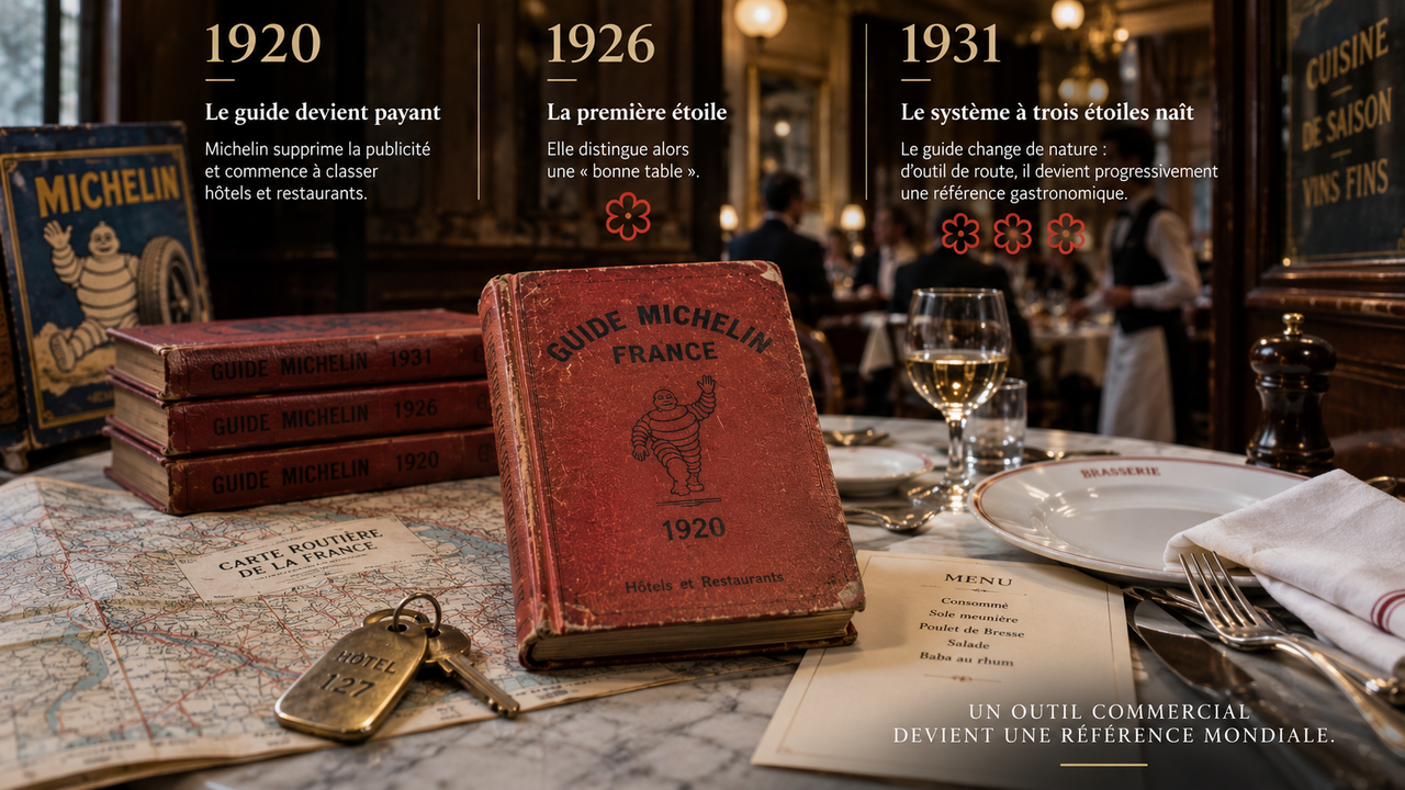 Reconstitution éditoriale STORIMITIK retraçant le passage du Guide Michelin payant en 1920 à la première étoile en 1926 puis au système à trois étoiles en 1931.