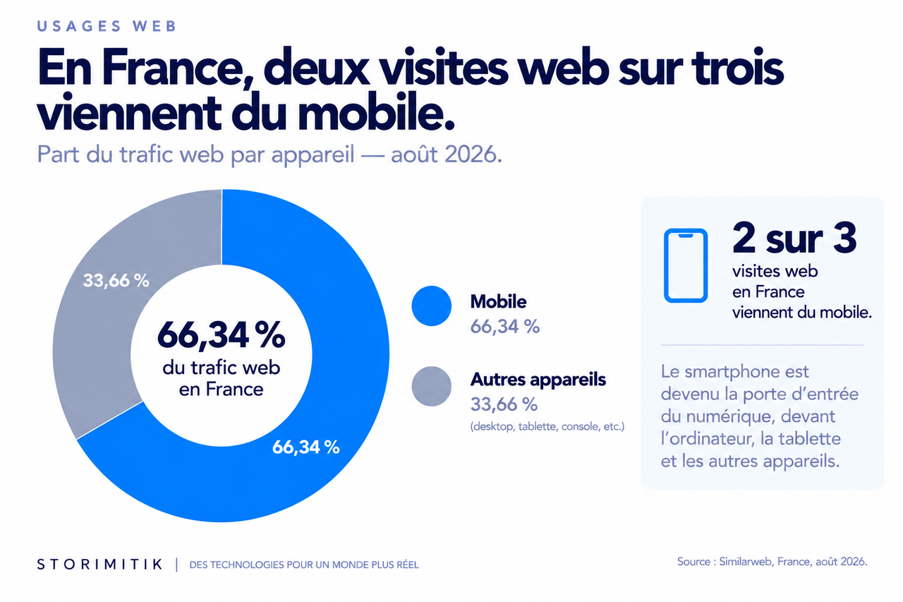 Graphique en anneau montrant que 66,34 % du trafic web en France provient du mobile en août 2026.