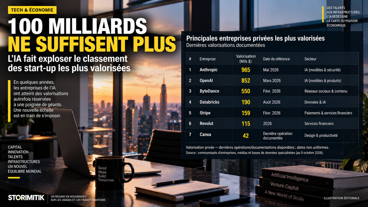 Illustration éditoriale STORIMITIK présentant plusieurs grandes entreprises privées classées par leur dernière valorisation documentée.