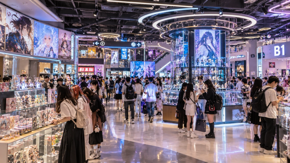 Illustration conceptuelle ultra-réaliste d’un espace de retail anime et pop culture très fréquenté dans un centre commercial de Changsha.