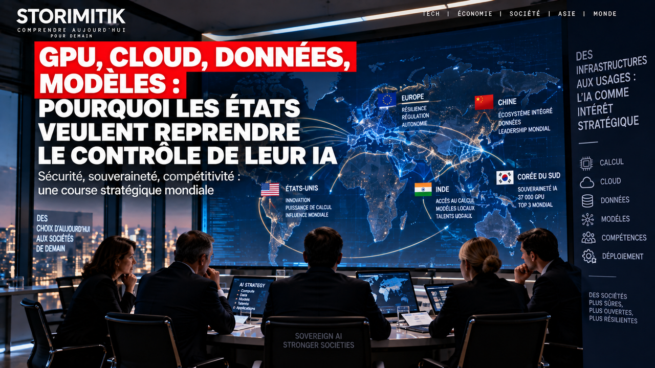 Illustration éditoriale d’une réunion internationale autour de la souveraineté en intelligence artificielle et des dépendances technologiques.