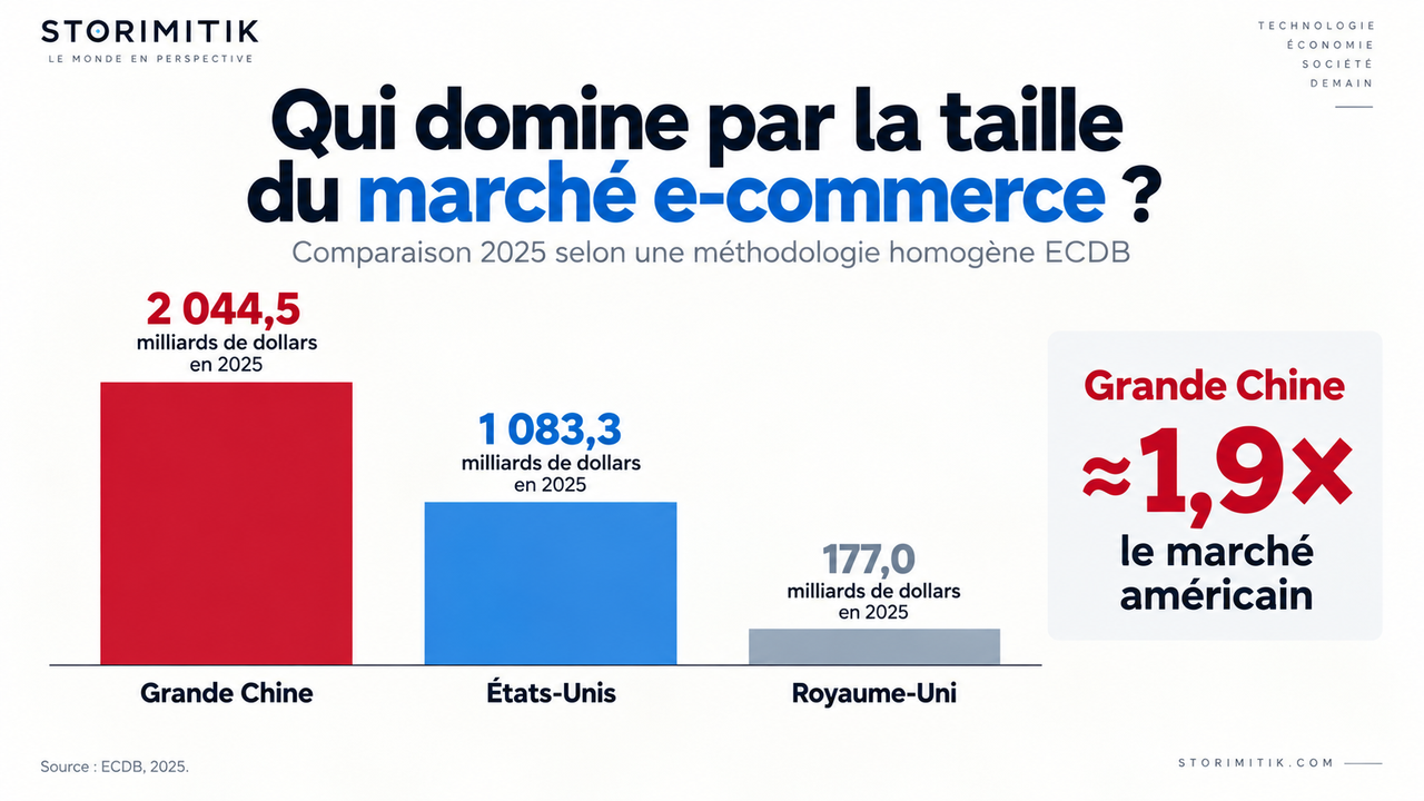 Infographie comparant la taille des marchés e-commerce de la Grande Chine, des États-Unis et du Royaume-Uni en 2025.