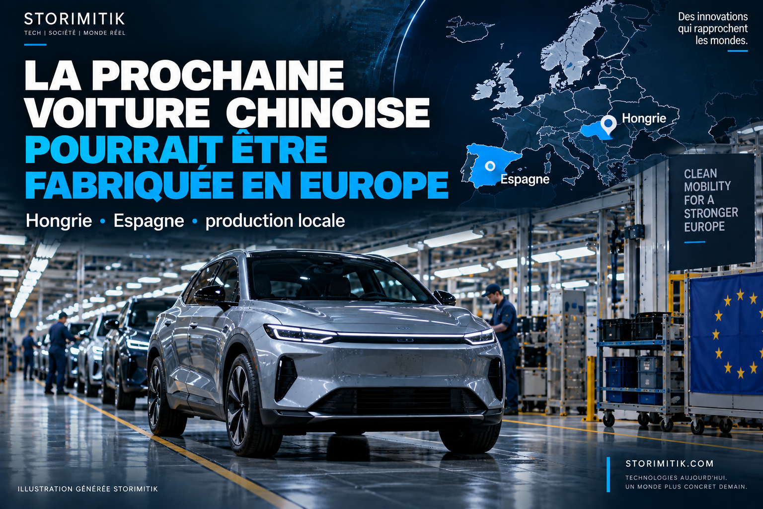 Illustration STORIMITIK d’une voiture chinoise produite dans une usine européenne, avec carte de l’Europe et repères en Hongrie et en Espagne.
