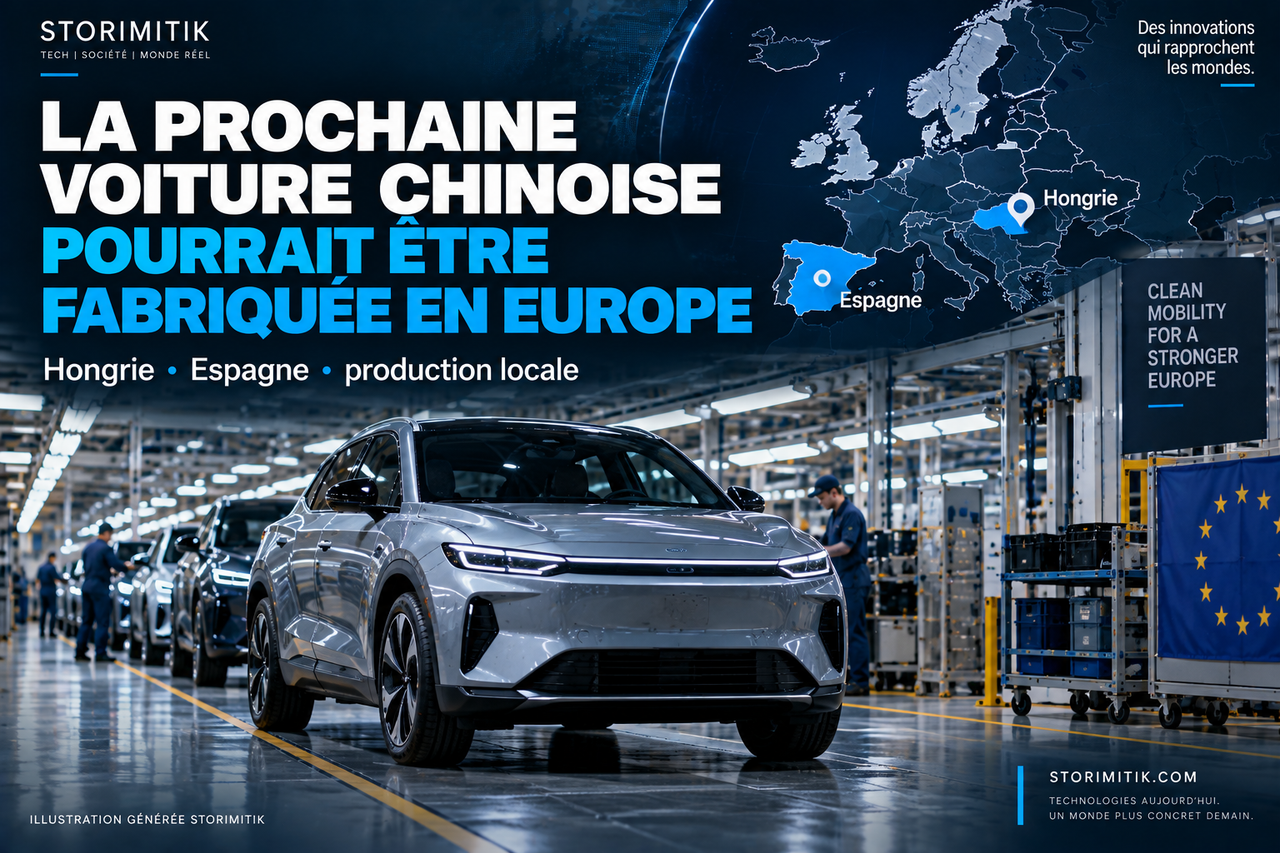 Illustration STORIMITIK d’une voiture chinoise produite dans une usine européenne, avec carte de l’Europe et repères en Hongrie et en Espagne.