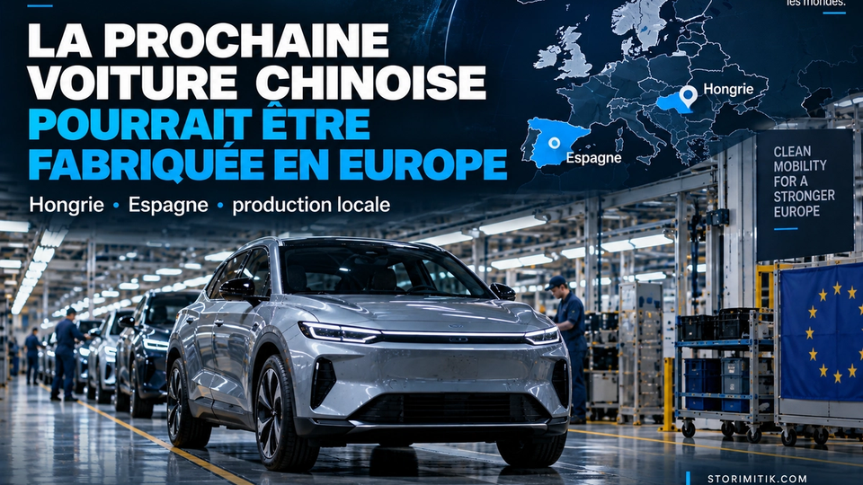 Illustration STORIMITIK d’une voiture chinoise produite dans une usine européenne, avec carte de l’Europe et repères en Hongrie et en Espagne.