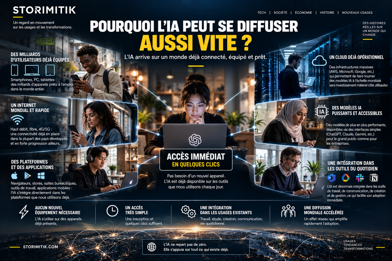 Infographie STORIMITIK expliquant pourquoi l’IA peut se diffuser rapidement grâce aux appareils, à Internet, au cloud et aux plateformes déjà disponibles.
