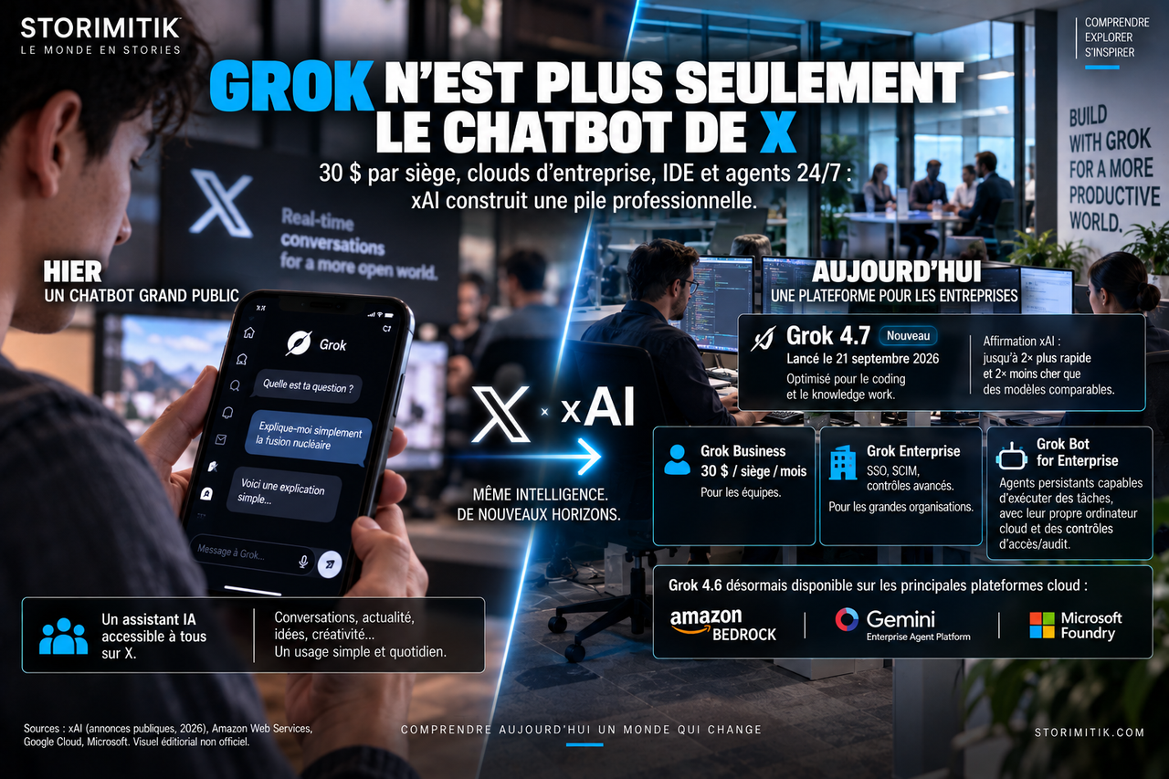 Illustration STORIMITIK montrant la transformation de Grok d’un chatbot grand public en plateforme professionnelle.