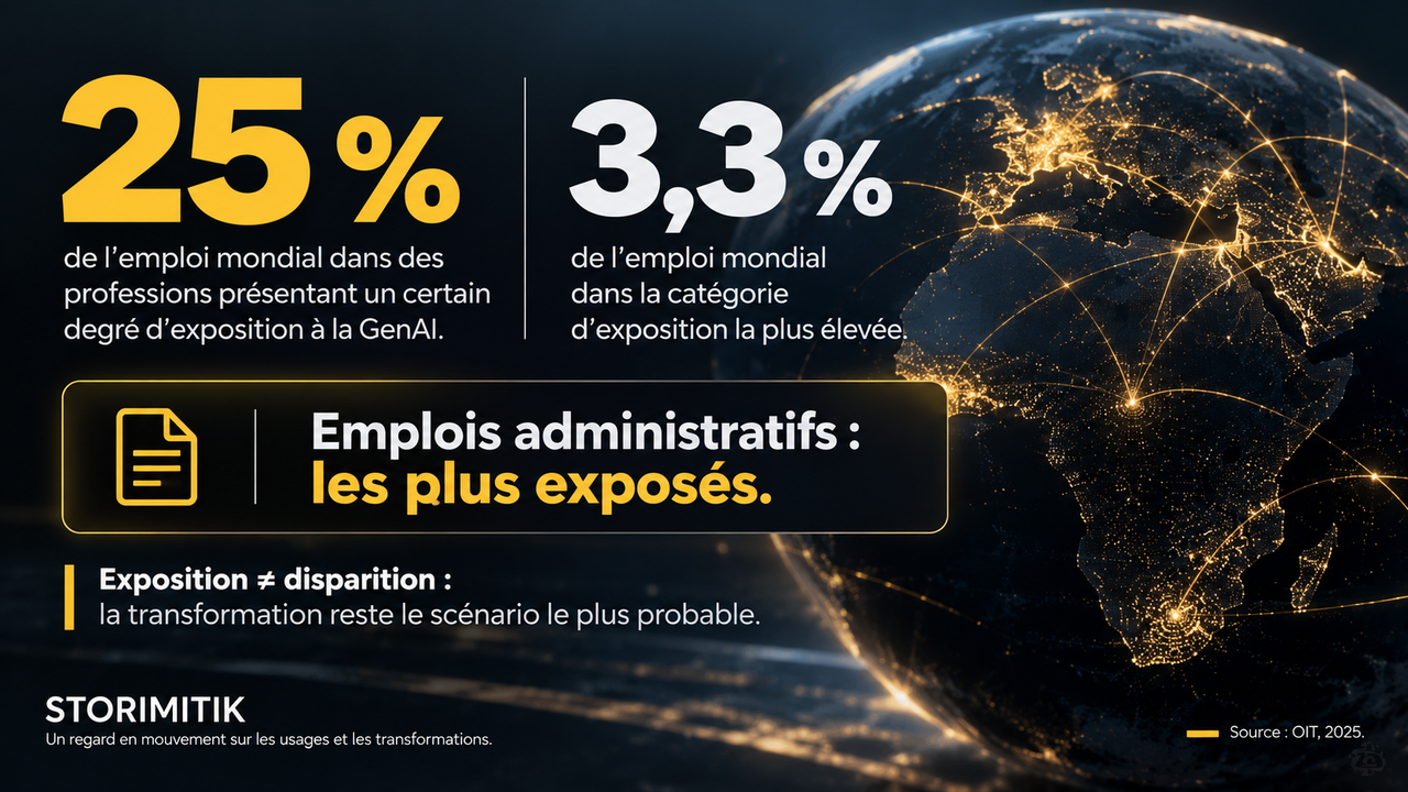 Infographie STORIMITIK sur l’exposition mondiale de l’emploi à l’IA générative : 25 % exposés à un certain degré, 3,3 % dans la catégorie la plus élevée.