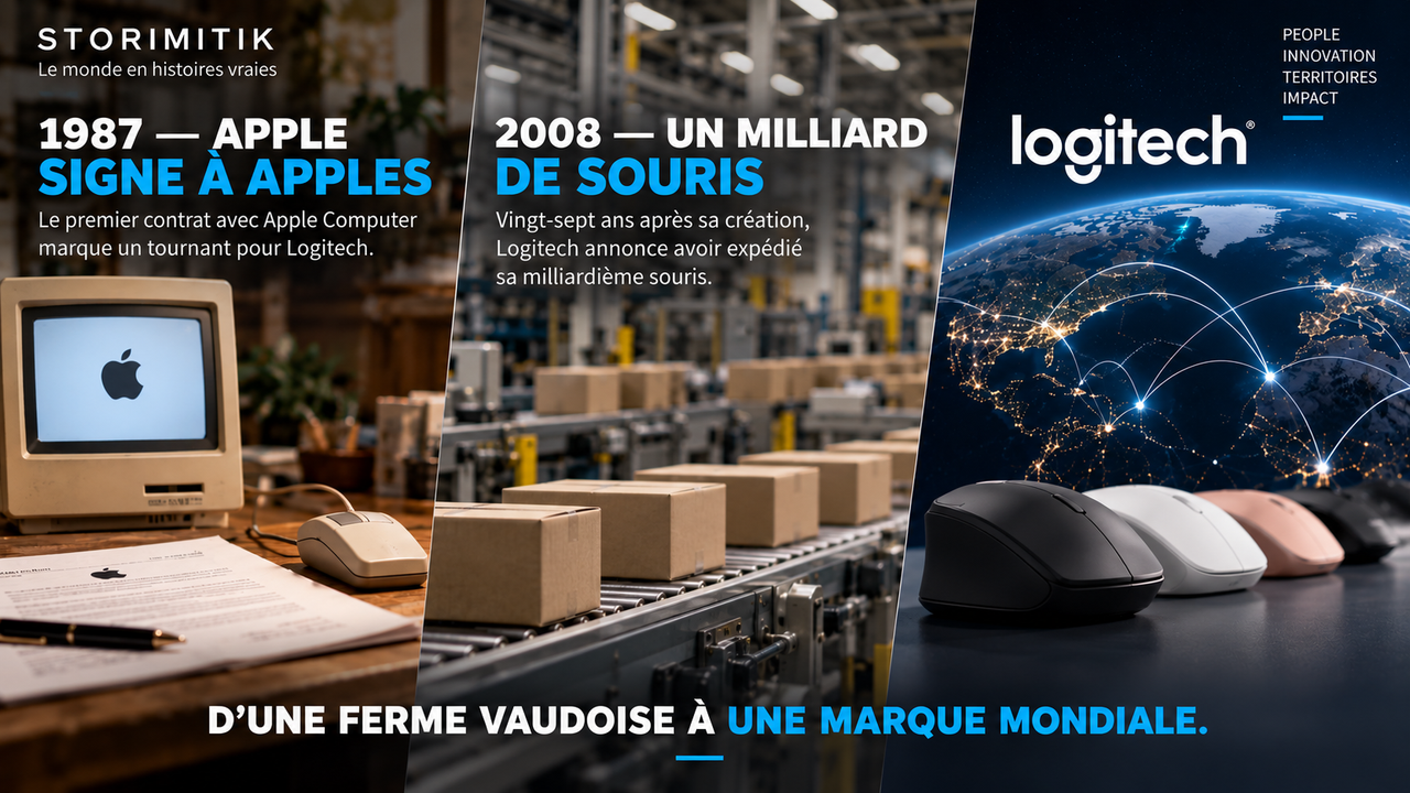 Illustration éditoriale STORIMITIK retraçant le passage de Logitech du contrat Apple de 1987 au cap du milliard de souris en 2008 puis à une marque mondiale.