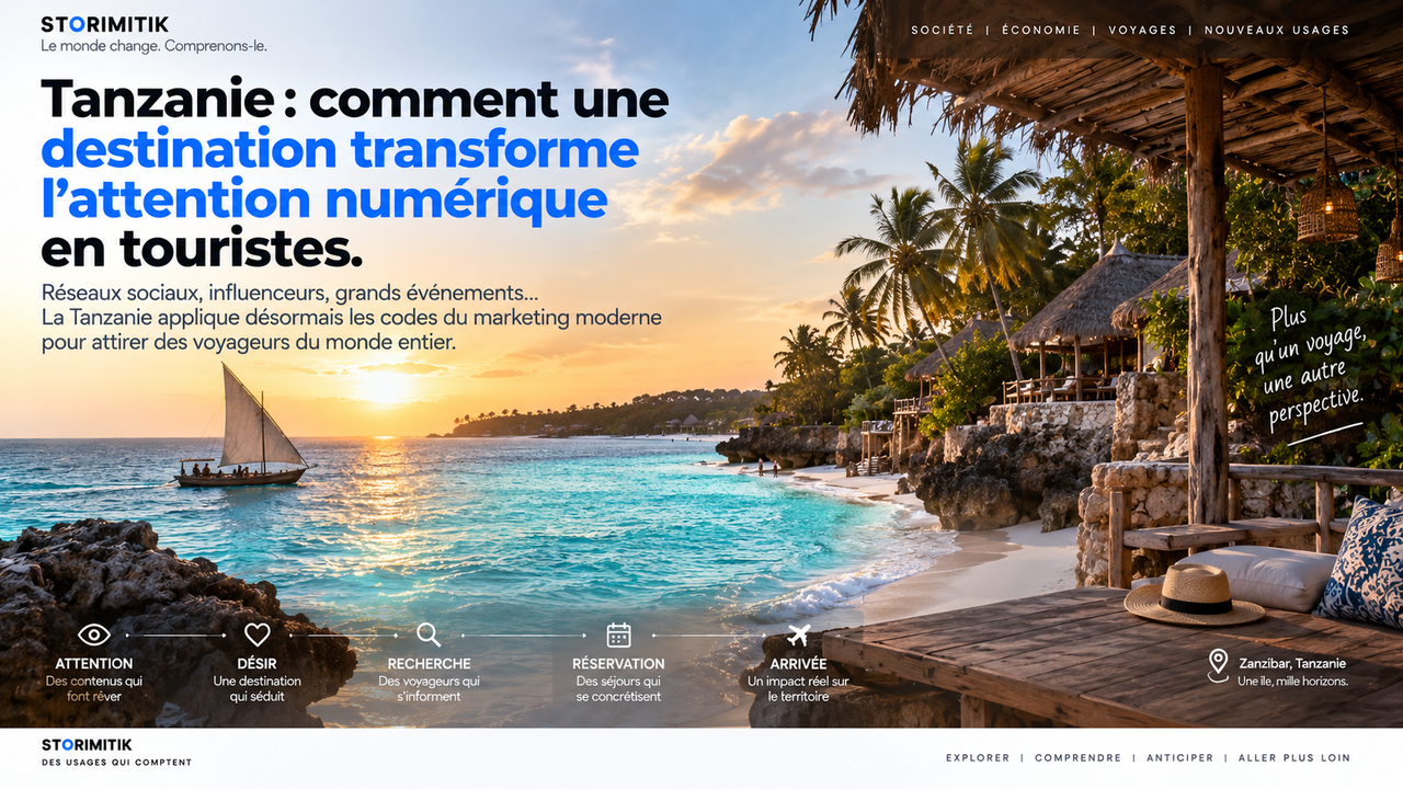 Plage de Zanzibar au coucher du soleil avec dhow et mise en scène éditoriale STORIMITIK sur la conversion de l’attention numérique en tourisme.
