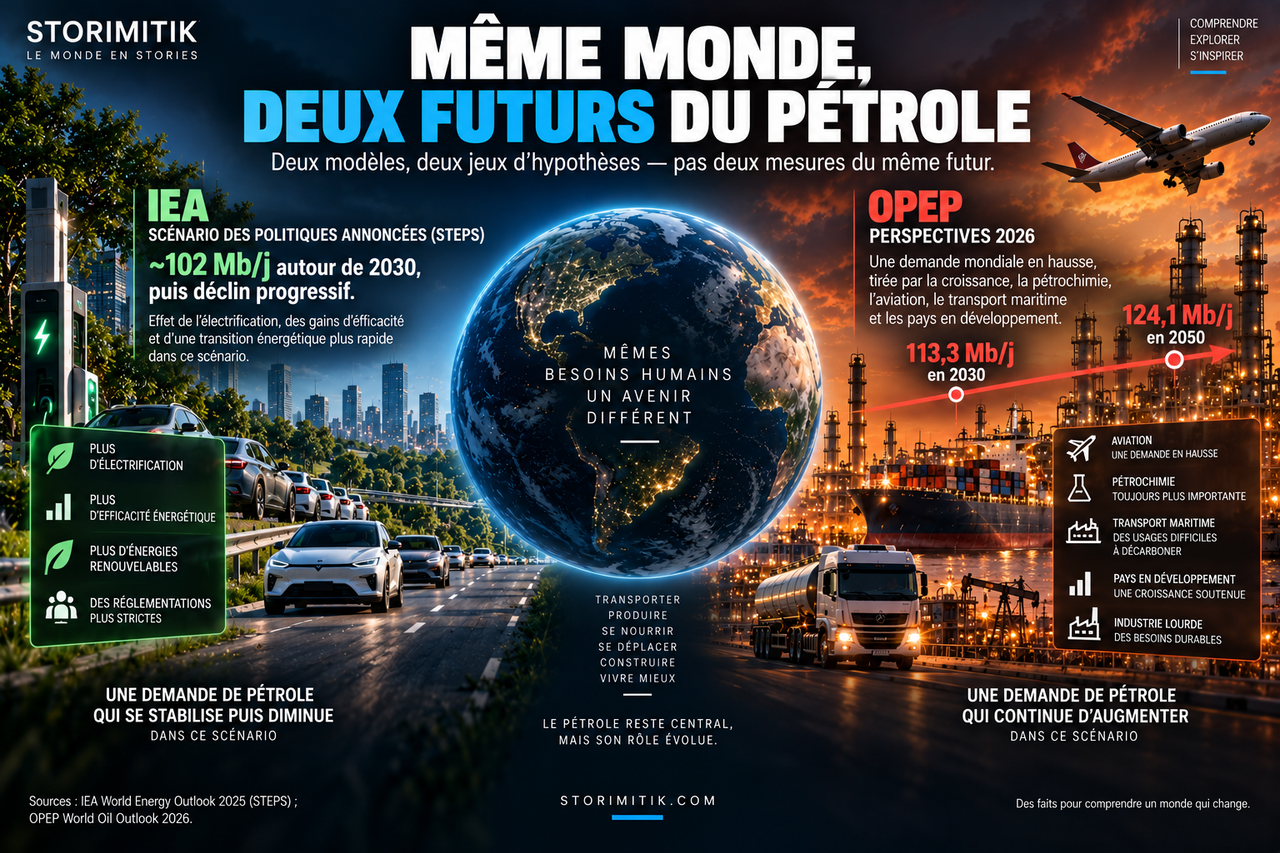 Illustration STORIMITIK comparant le scénario STEPS de l’IEA (~102 Mb/j autour de 2030 puis déclin) et les perspectives OPEP 2026 (113,3 Mb/j en 2030, 124,1 Mb/j en 2050).