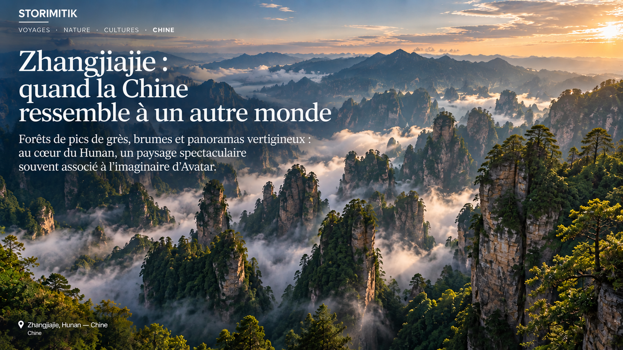 Illustration STORIMITIK ultra-réaliste des pics de grès et des brumes de Zhangjiajie dans le Hunan.