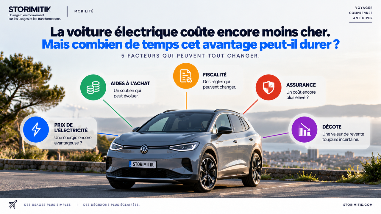 Illustration éditoriale STORIMITIK montrant cinq variables susceptibles de modifier l’avantage économique d’une voiture électrique : électricité, aides, fiscalité, assurance et décote.