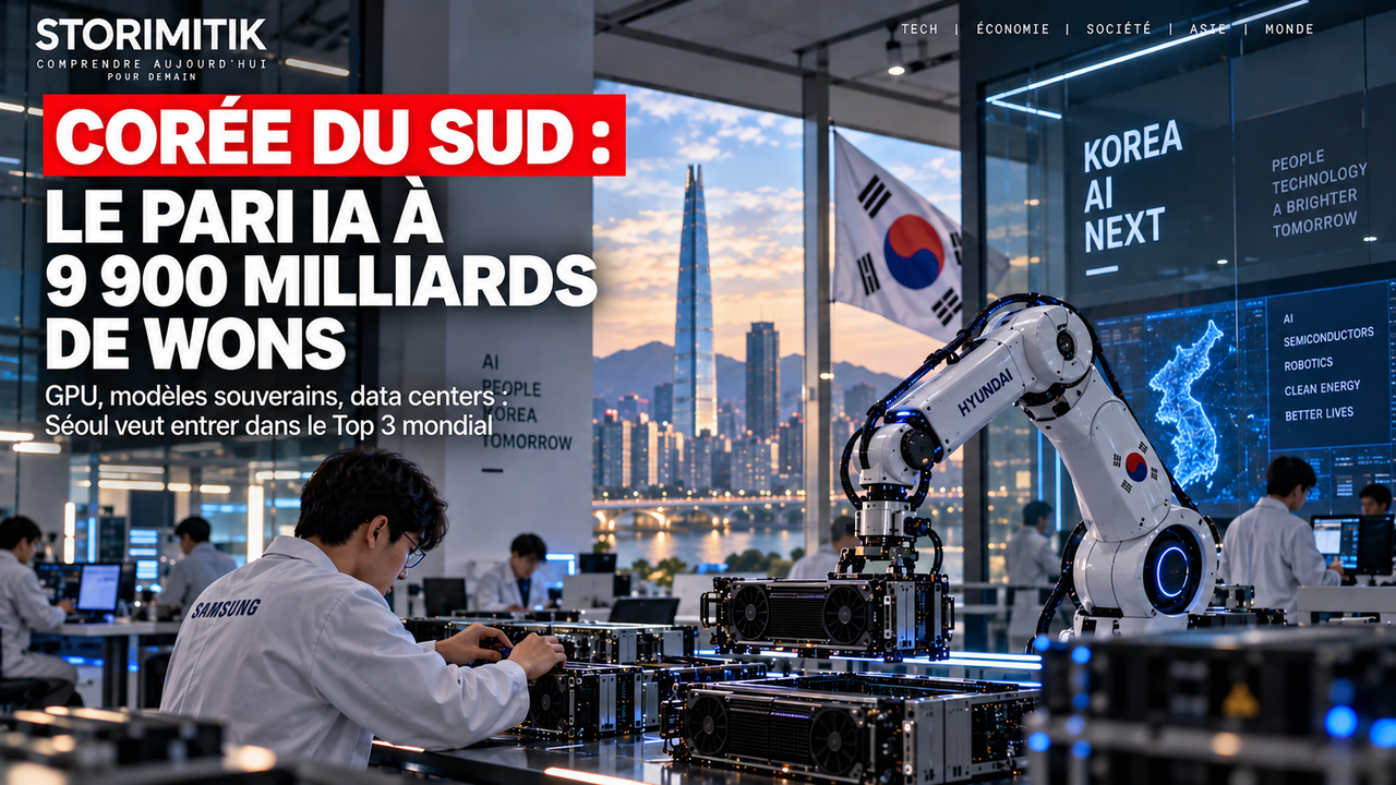 Illustration éditoriale sur le pari de la Corée du Sud dans l’intelligence artificielle, avec laboratoire technologique, GPU et skyline de Séoul.