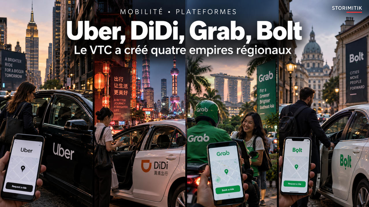 Montage éditorial STORIMITIK mettant en scène Uber, DiDi, Grab et Bolt dans différents environnements urbains.
