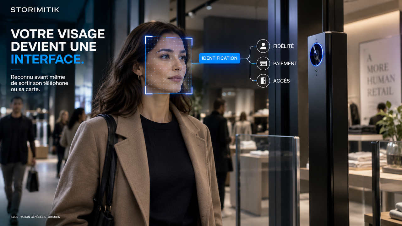 Illustration éditoriale STORIMITIK d’une cliente reconnue par un système biométrique à l’entrée d’un magasin.