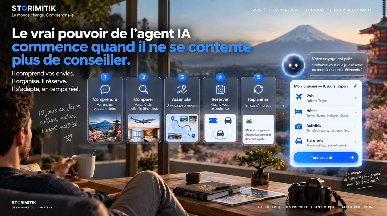 Visuel STORIMITIK montrant un agent IA qui comprend, compare, assemble, réserve et replanifie un voyage.
