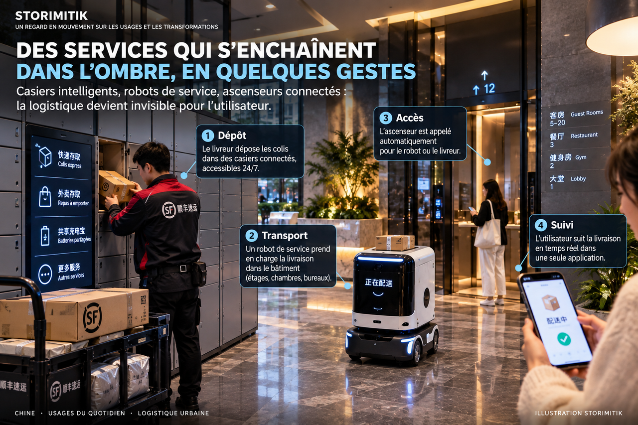 Illustration STORIMITIK d’un hall urbain chinois réunissant casiers intelligents, livreur, robot de service, ascenseur connecté et suivi sur smartphone.