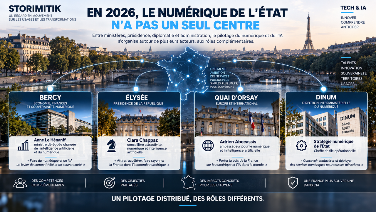 Infographie STORIMITIK représentant les principaux centres institutionnels du pilotage du numérique et de l’intelligence artificielle de l’État français en 2026 : Bercy, Élysée, Quai d’Orsay et DINUM.