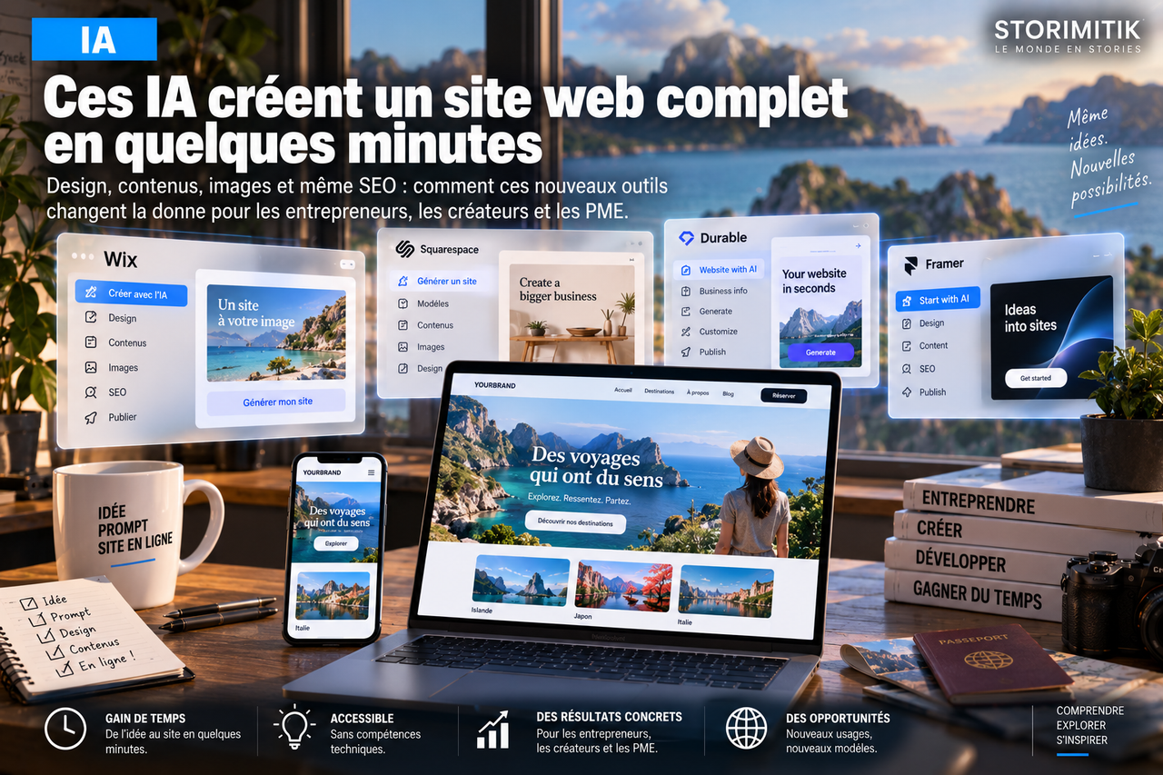 Illustration STORIMITIK présentant plusieurs plateformes proposant la création de sites web assistée par intelligence artificielle.