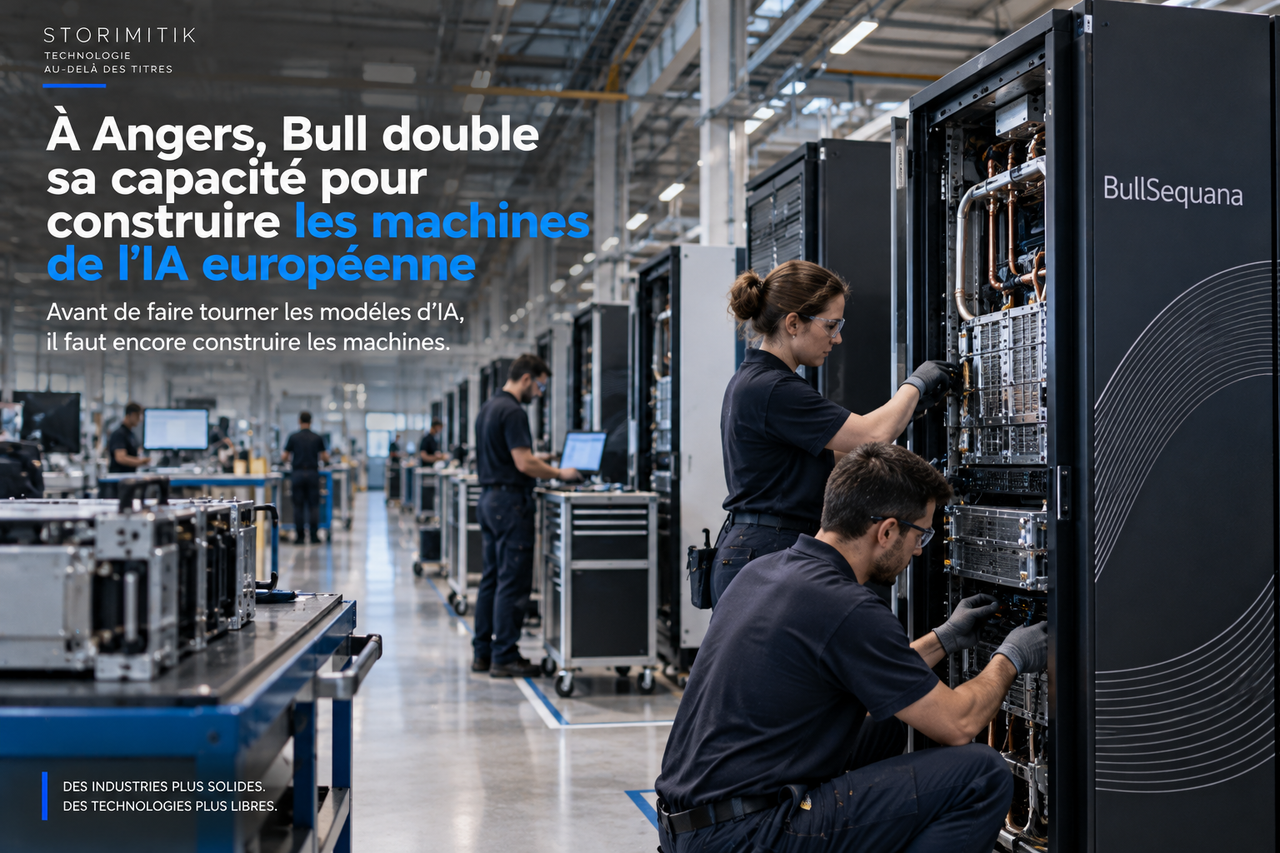 Techniciens assemblant un système BullSequana dans un vaste hall industriel de production de supercalculateurs.