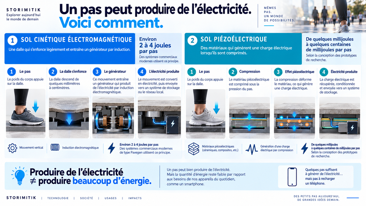 Infographie expliquant comment un sol cinétique électromagnétique et un sol piézoélectrique transforment un pas en électricité.