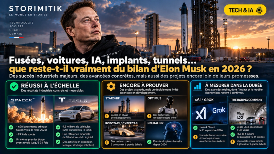 Infographie éditoriale STORIMITIK présentant le bilan 2026 des principales entreprises et projets associés à Elon Musk : SpaceX, Tesla, Starship, Optimus, Robotaxi, Neuralink, xAI et The Boring Company.