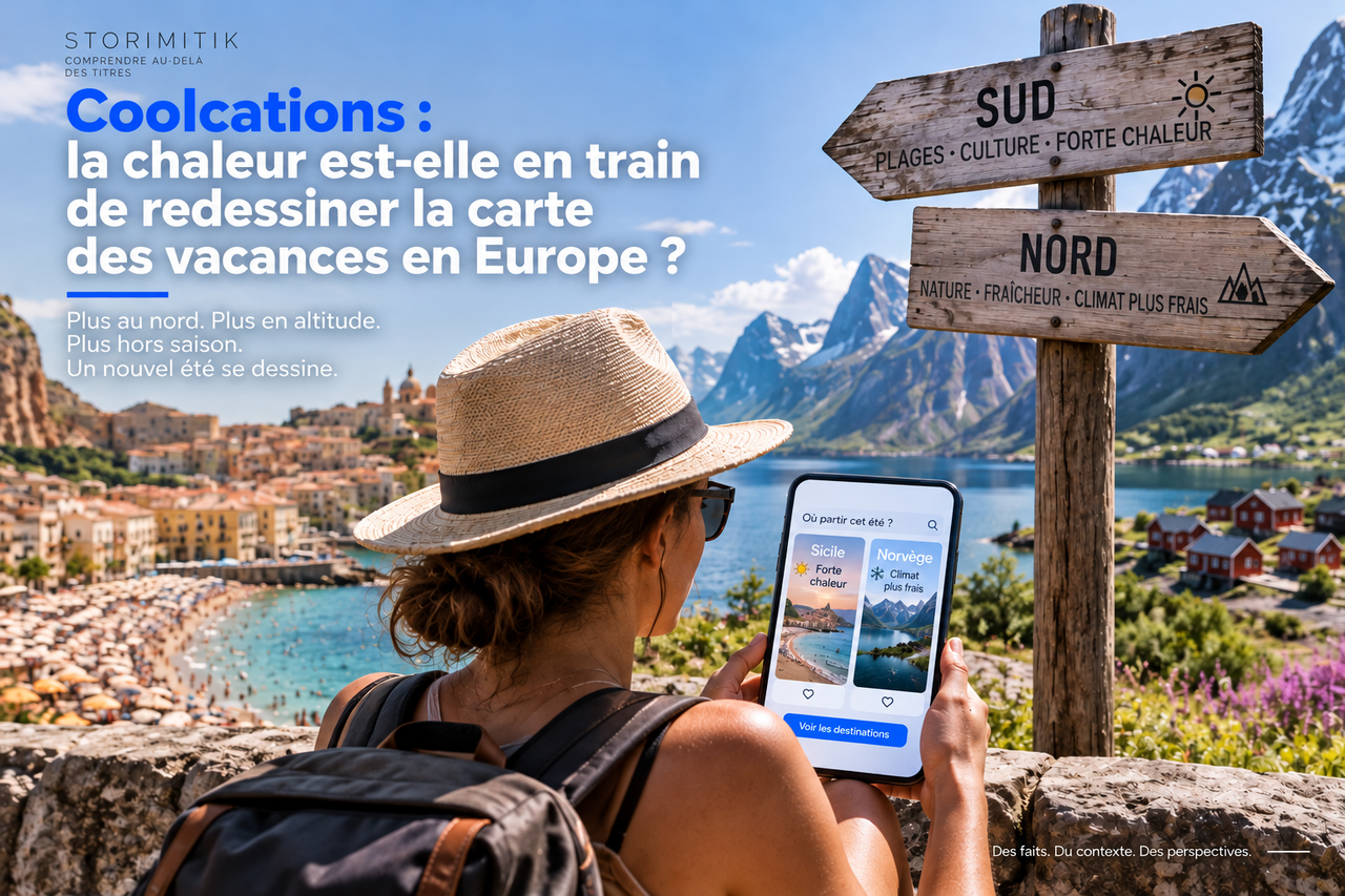 Une voyageuse compare sur son téléphone une destination méditerranéenne soumise à une forte chaleur et une destination nordique plus fraîche, devant un paysage européen mêlant mer et montagnes.