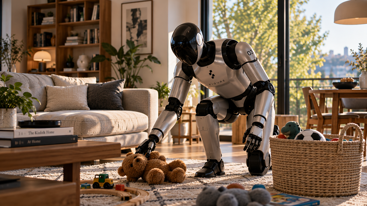 Illustration éditoriale d’un humanoïde Figure rangeant des jouets dans un salon qu’il ne connaît pas.