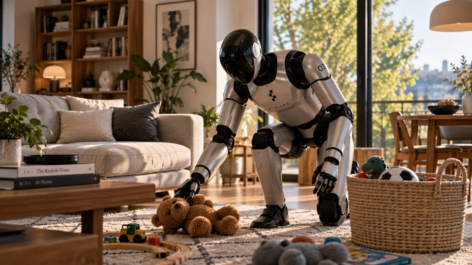 Illustration éditoriale d’un humanoïde Figure rangeant des jouets dans un salon qu’il ne connaît pas.