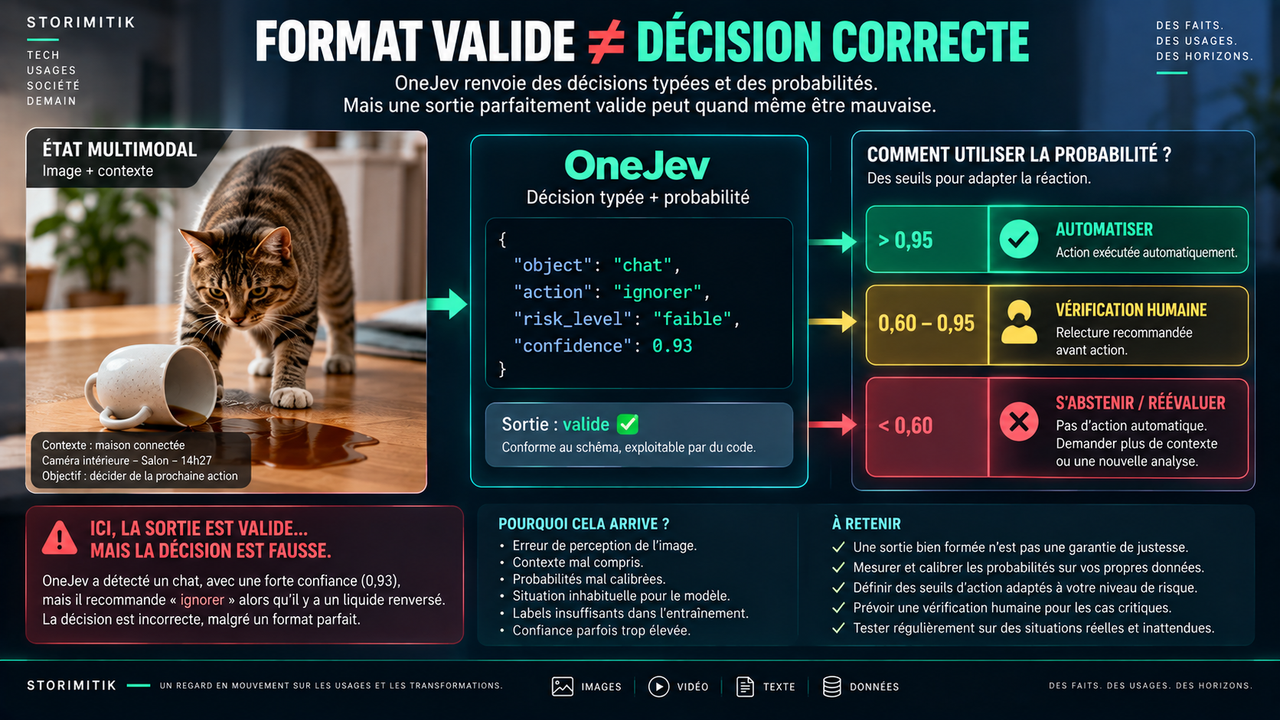 Illustration éditoriale montrant une sortie OneJev conforme au schéma mais potentiellement incorrecte, avec des seuils pour automatiser, faire vérifier ou s’abstenir.