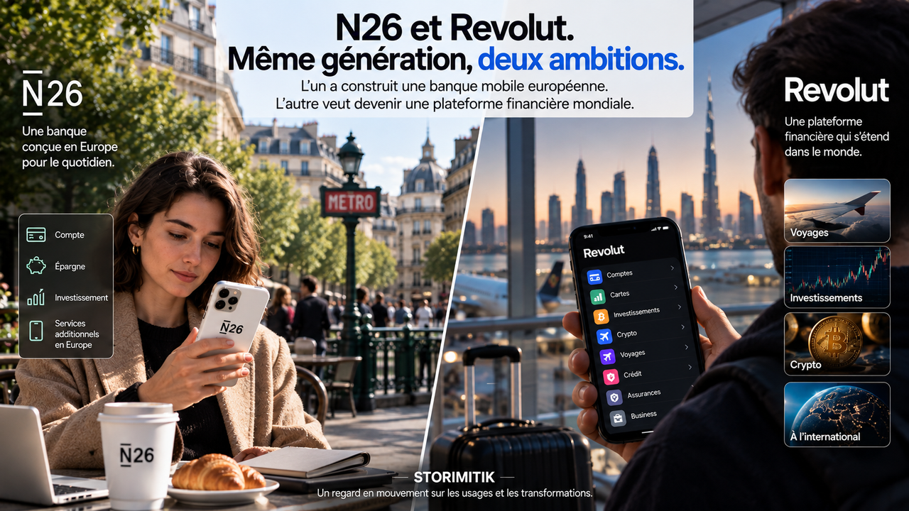 Illustration STORIMITIK opposant deux ambitions : N26 comme banque mobile européenne du quotidien et Revolut comme plateforme financière à vocation mondiale.