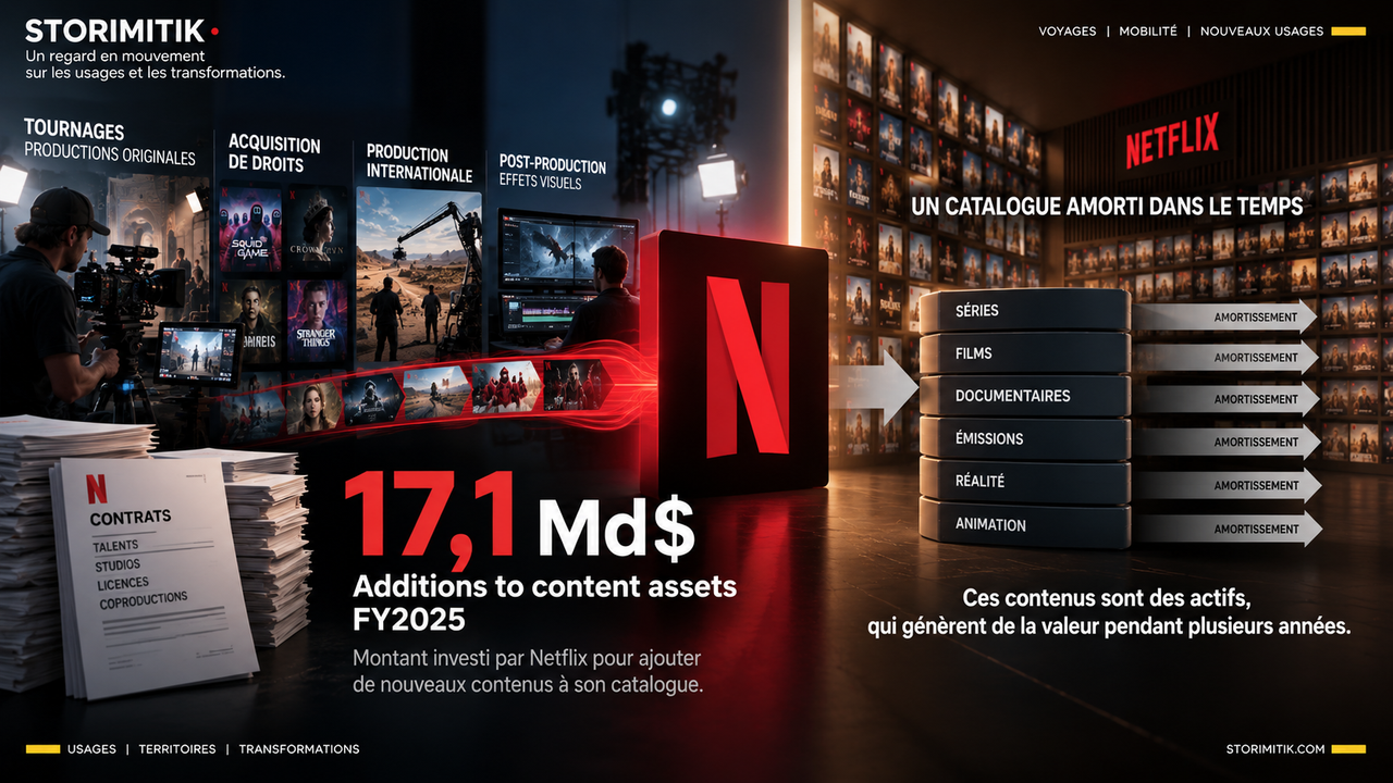 Infographie éditoriale distinguant les 17,1 milliards de dollars d’additions aux actifs de contenus Netflix et leur amortissement dans le temps.