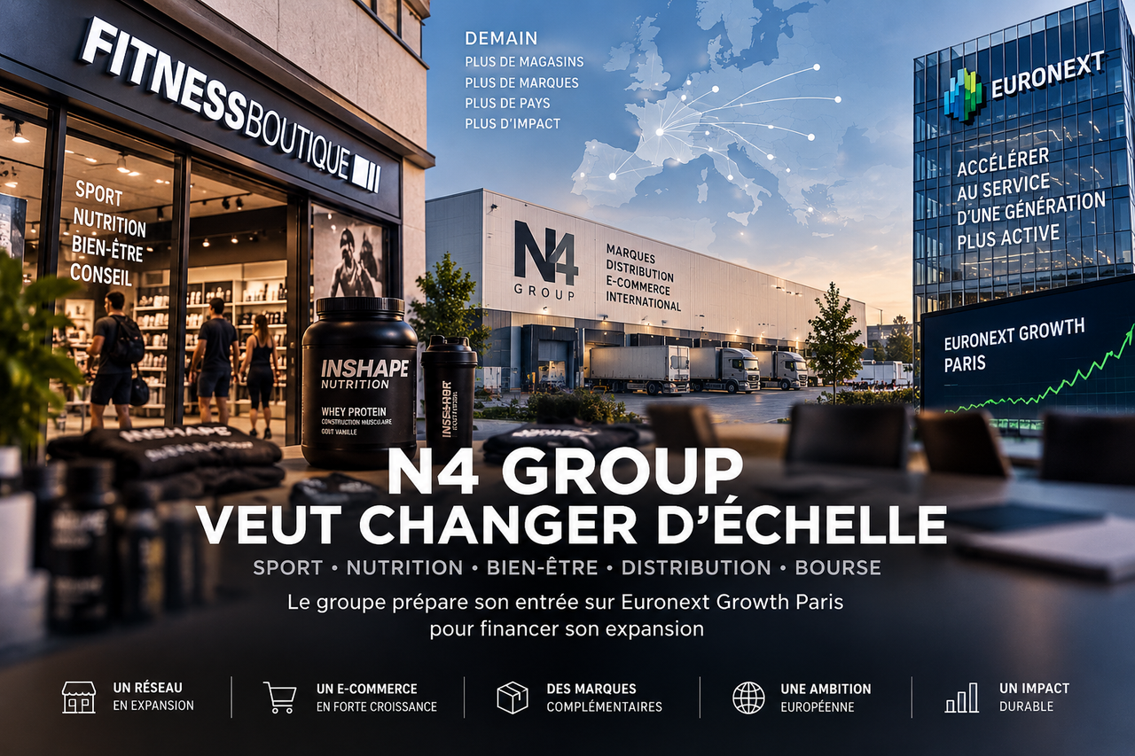 Illustration éditoriale STORIMITIK montrant l’ambition de changement d’échelle de N4 Group : réseau FitnessBoutique, logistique, expansion européenne et projet Euronext Growth Paris.