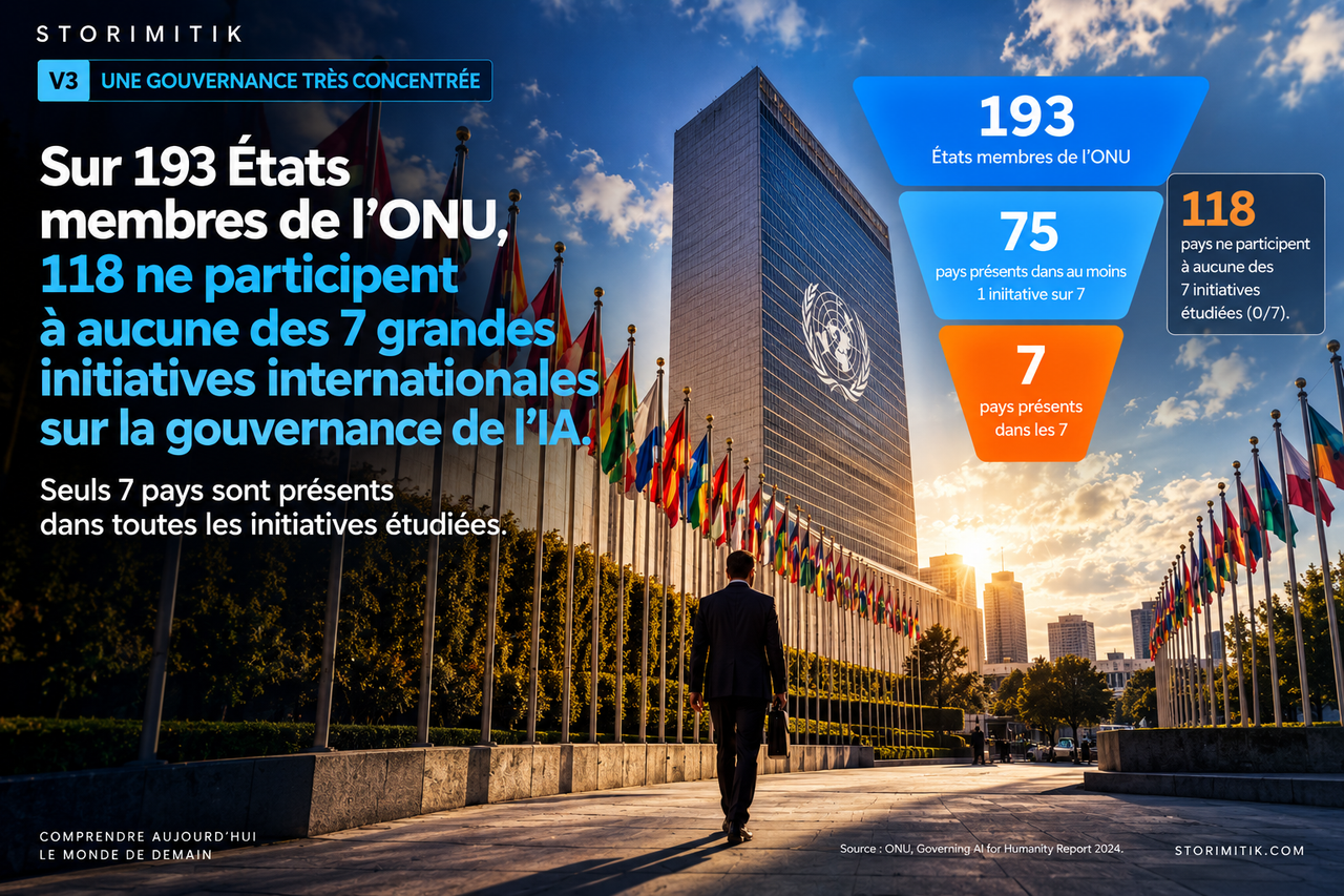 Illustration STORIMITIK sur la gouvernance mondiale de l’intelligence artificielle, montrant 193 États membres de l’ONU, 75 présents dans au moins une initiative et 7 présents dans les sept.