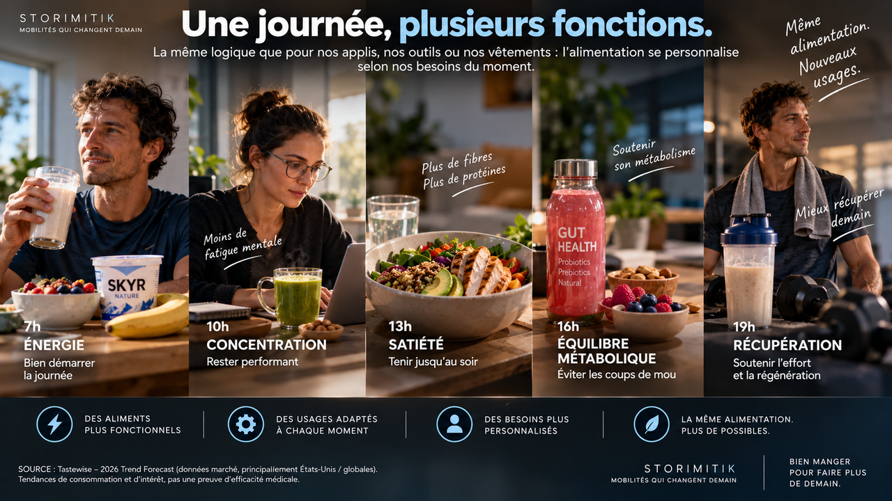 Illustration conceptuelle d’une journée où différents aliments et boissons fonctionnels sont associés à des besoins comme l’énergie, la concentration, la digestion et la récupération.