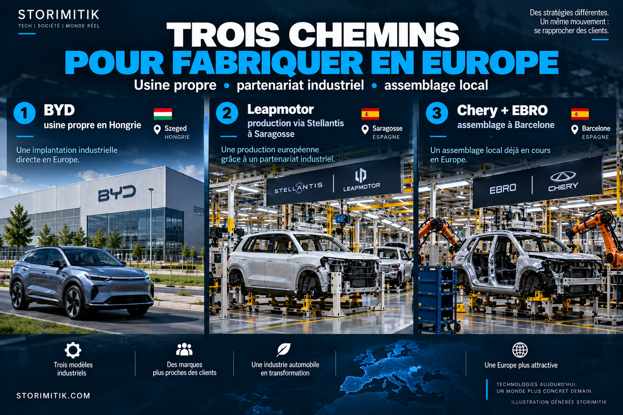 Illustration STORIMITIK comparant trois voies de production automobile chinoise en Europe : BYD en Hongrie, Leapmotor avec Stellantis à Saragosse et Chery avec EBRO à Barcelone.
