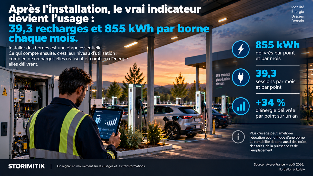 Technicien observant l’exploitation d’une station de recharge avec les indicateurs 39,3 sessions, 855 kWh et +34 % d’énergie délivrée par point.