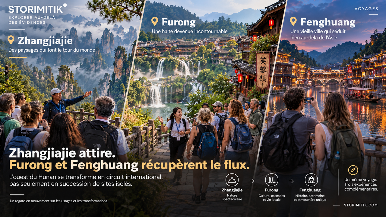 Collage éditorial montrant Zhangjiajie, Furong et Fenghuang comme trois étapes complémentaires d’un même voyage.