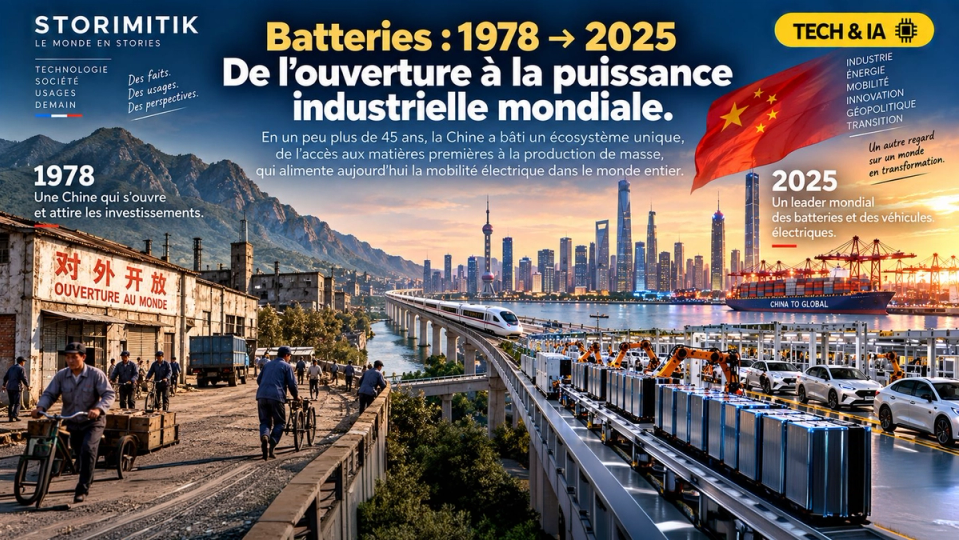 Illustration STORIMITIK opposant la Chine de 1978 à celle de 2025, entre ouverture économique, urbanisation, infrastructures, usines automatisées, batteries et véhicules électriques.